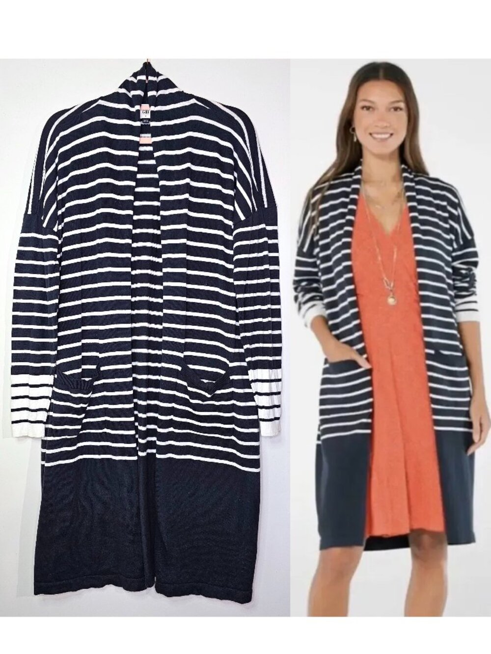 CAbi #6243 Boathouse Striped Longline Open Front Cardigan Duster M Navy White